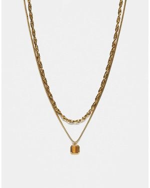 ASOS Waterproof Stainless Steel 2 Pack Chain Necklace With Square Semi-precious Tigers Eye Pendant - Metallic