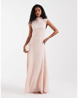 Pretty Lavish Dropped Waist High Neck Textured Floral Maxi Dress - Pink