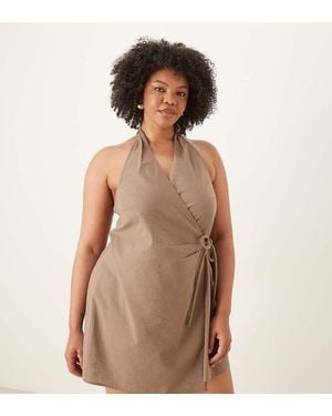 ASOS Asos Design Curve Cotton Linen Blend Halter Neck Wrap Mini Sundress - Brown