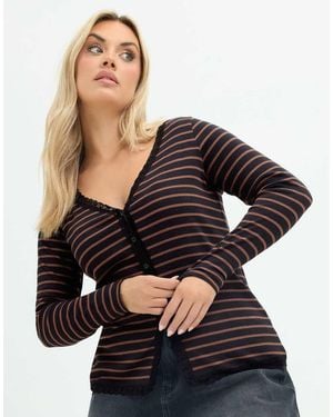 Yours Clothing Stripe Lace Trim Top - Black