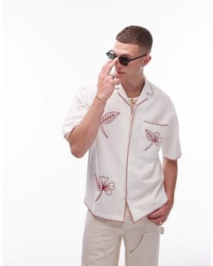 TOPMAN Short Sleeve Relaxed Hand Drawn Embroidered Shirt - White