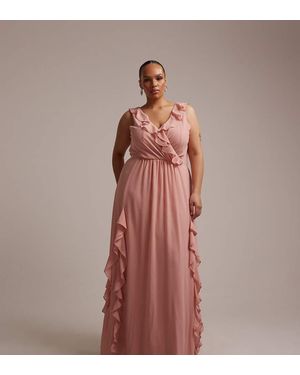 Tfnc Plus Vestido De Dama De Honor Largo Con Cuello De Pico Y Volantes De Chifón De - Rosa