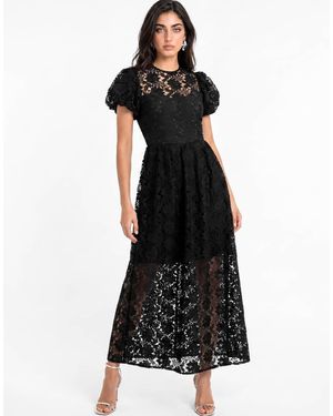 Lovedrobe Floral Lace Puff Sleeve Midaxi Dress - Black