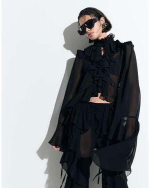 Noughts & Kisses Chiffon Extreme Ruffle Tie Front Drape Sleeve Blouse Co-Ord - Blue