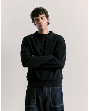 Pull&Bear Long Sleeve Knit Polo Shirt - Black
