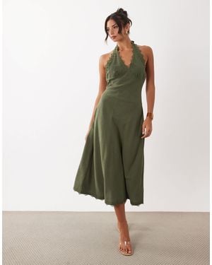 Lioness Stars Align Linen Rich Halterneck Lace Trim Low Back Midi Dress - Green