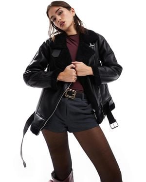 Pull&Bear Faux Leather Oversized Aviator Jacket - Black