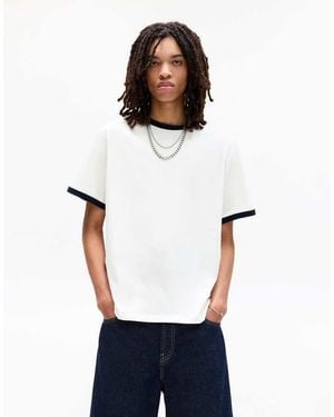 Pull&Bear T-Shirt Bianca Con Finiture A Coste A Contrasto - Bianco