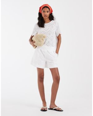 Pieces Short Sleeve Broderie Top Co-ord - White