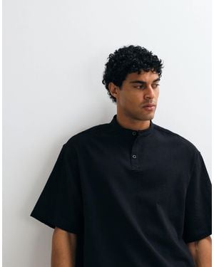 ASOS Boxy Oversized Linen Look Shirt With Band Collar - Black