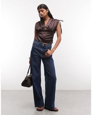 Reclaimed Vintage Ruched Shoulder Satin V Neck Top - Blue
