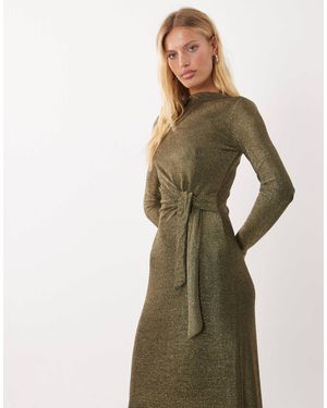 Threadbare Draped Long Sleeve Midi Dress With Knot Detail - Green