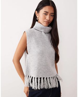 Vila Roll Neck Singlet With Fringed Trim - Gray
