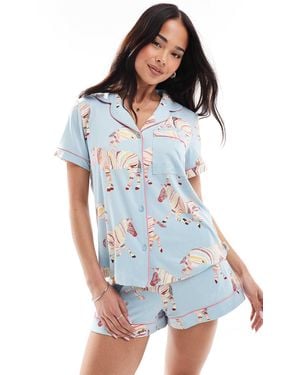 Chelsea Peers Poly Short Sleeve Revere And Shorts Set - Blue