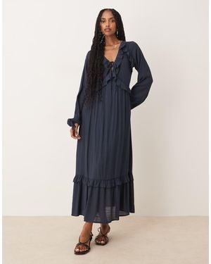 Brave Soul Long Sleeve Maxi Dress With Frill Detail - Blue
