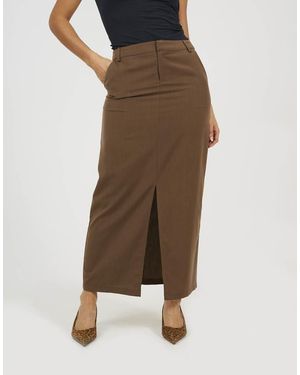 Brave Soul Tailored Midi Skirt With Slit Detail - Brown