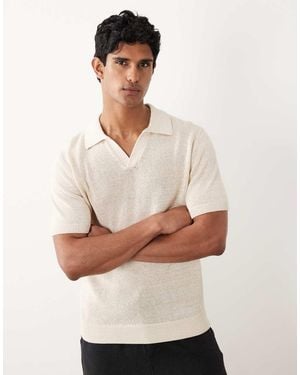 Mango Cotton Mix Knitted Short Sleeve Revere Neck Poloshirt - Natural