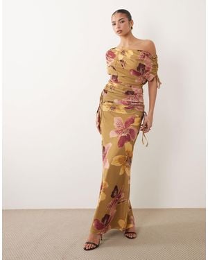 ASOS Co-ord Printed Mesh Ruched Maxi Skirt - Brown