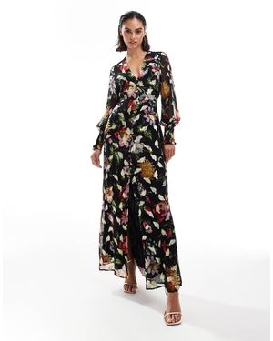 Hope & Ivy Vestido Semilargo Negro Con Estampado Floral, Motas Doradas, Botones Delanteros Y Lazada En La Espalda De - Blanco