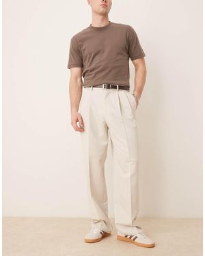 ASOS Wide Dress Trousers With Double Pleats - Natural