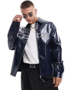 ASOS Faux Leather High Shine Harrington Jacket With Embroidery - Blue