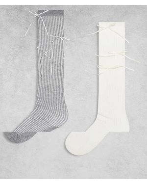 Kaiia Exclusive 2 Pack Ribbed Satin Bow Detail Knee High Socks - White