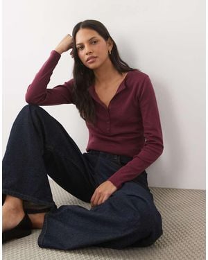Abercrombie & Fitch Ribbed Long Sleeve Crew Neck Henley Top - Red