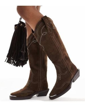 ASOS Wide Fit Celeste Flat Western Knee Boots - Brown