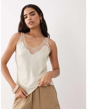 Mango Satin Lace Detail Sleeveless Cami - Natural