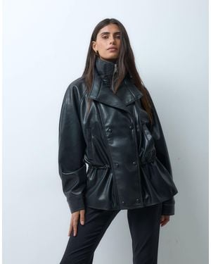 ASOS 80s Leather Look Double Layer Cinched Waist Jacket - Blue