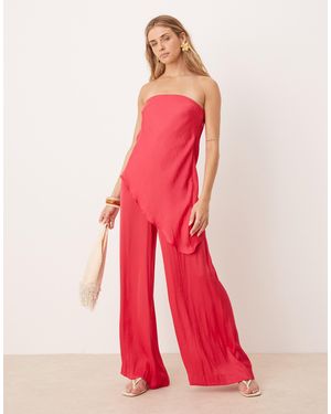 ASOS Bandeau Satin Asym Overlay Detail Jumpsuit - Red