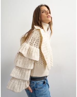 TOPSHOP Gestrickte jacke mit hohem trichterkragen, rüschen und durchgehendem reißverschluss - Natur