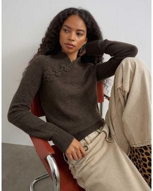 TOPSHOP Knitted Deep Rib Mandarin Collar Long Sleeve Top With Wool - Brown