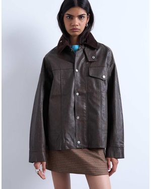 TOPSHOP Faux Leather Cord Collar Jacket - Brown