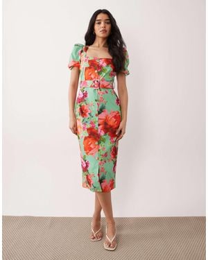 Hope & Ivy Stretch Square Neck Belted Midi Dress - Pink