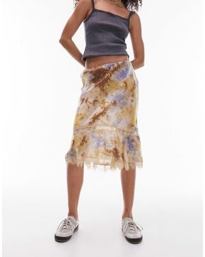 TOPSHOP Satin Tie Dye 90s Length Skirt With Lace Trim Detail - White
