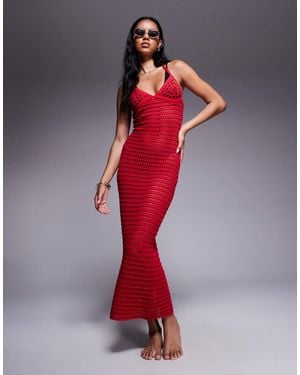 The Frolic Exclusive Crochet Halterneck Maxi Dress - Red