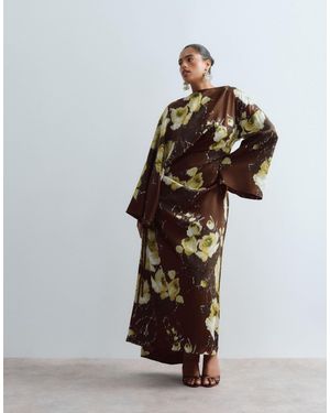 ARRANGE Curve Satin Drape Long Sleeve Maxi Dress - Brown