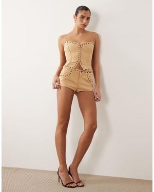 Oh Polly Faux Suede Studded Low Rise Mini Shorts Co-Ord - Natural