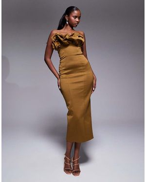 ASOS Vestito Midi Strutturato A Fascia Color Oliva Con Volant Sul Corpino - Verde