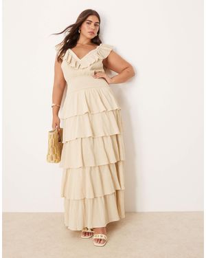 Pretty Lavish Curve Shirred Ruffle Maxi Dress - Natural