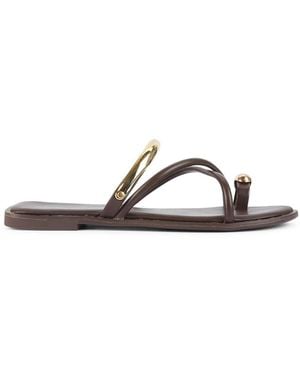 SEQWL Slip On Flat Sandals With Strappy Toe Loop And Oval Detail - Brown