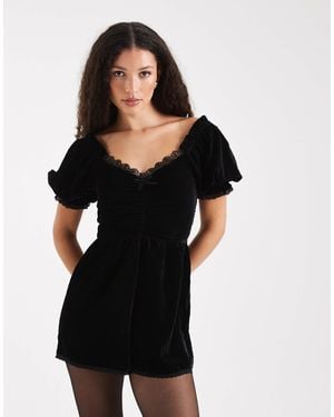 Miss Selfridge Velvet Puff Sleeve Playsuit - Black