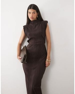 ASOS Plisse High Neck Column Maxi Dress With Shoulder Pads - Brown