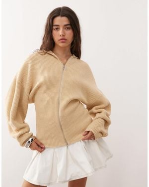 Monki Knitted Hooded Sweater Double Zip And Cinched Waist Detail - Natural