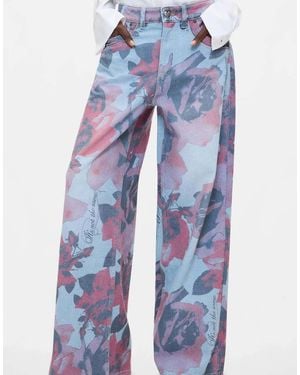 Desigual Jeans A Gamba Larga Stampati - Blu