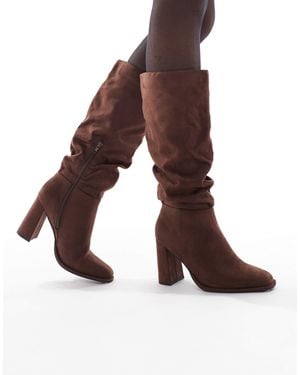 London Rebel Maggie Slouchy Block Heel Boots - Brown