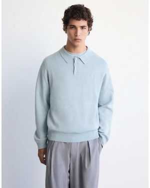 Pull&Bear Long Sleeve Knit Polo Shirt - Blue