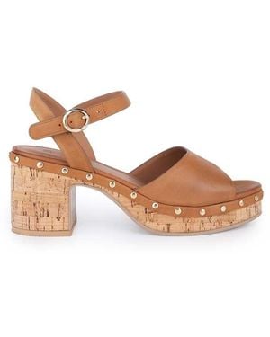 OFF THE HOOK Cleo Leather Studded Cork Platform Block Heel Sandals - Brown