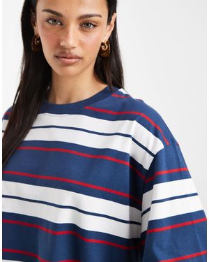 ASOS Boxy Cropped T-shirt Red & Navy Stripe - Blue